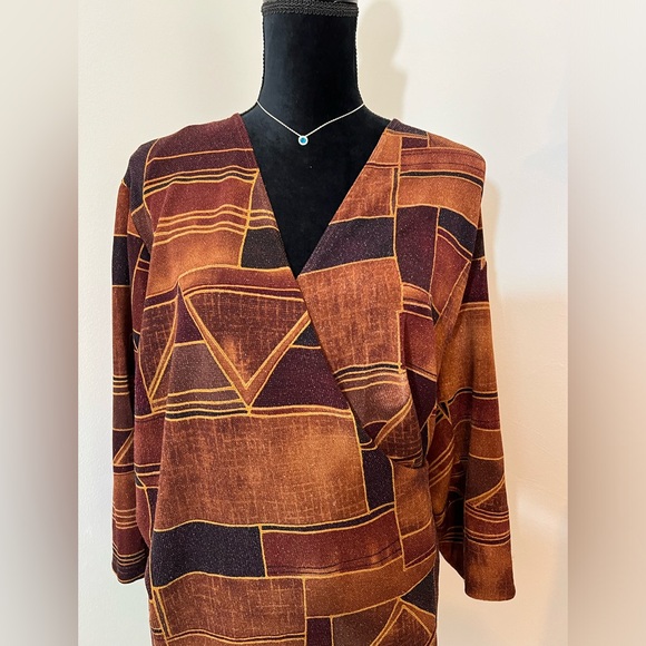 Y2K 3X shirt blouse 22/24 Brown abstract Trending Fall 2024 Twee v-neck wrap top - Picture 2 of 10